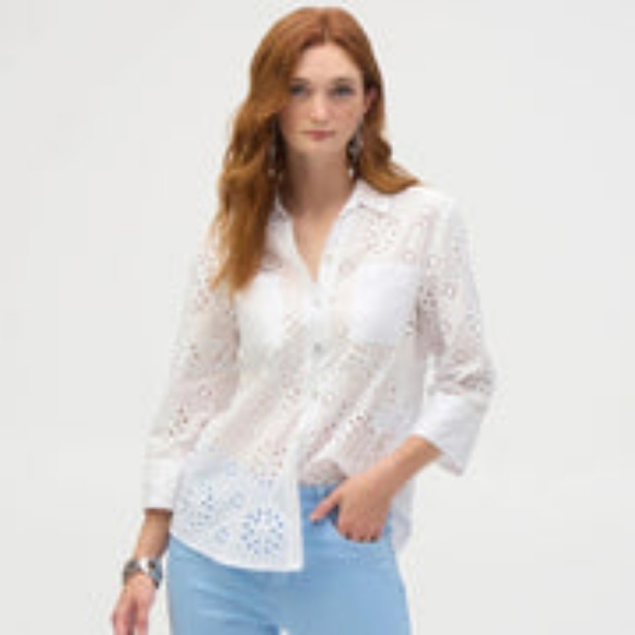 Joseph Ribkoff White Cotton Embroidered Eyelet Boxy Blouse Style 252928 Size XS - Picture 3 of 7
